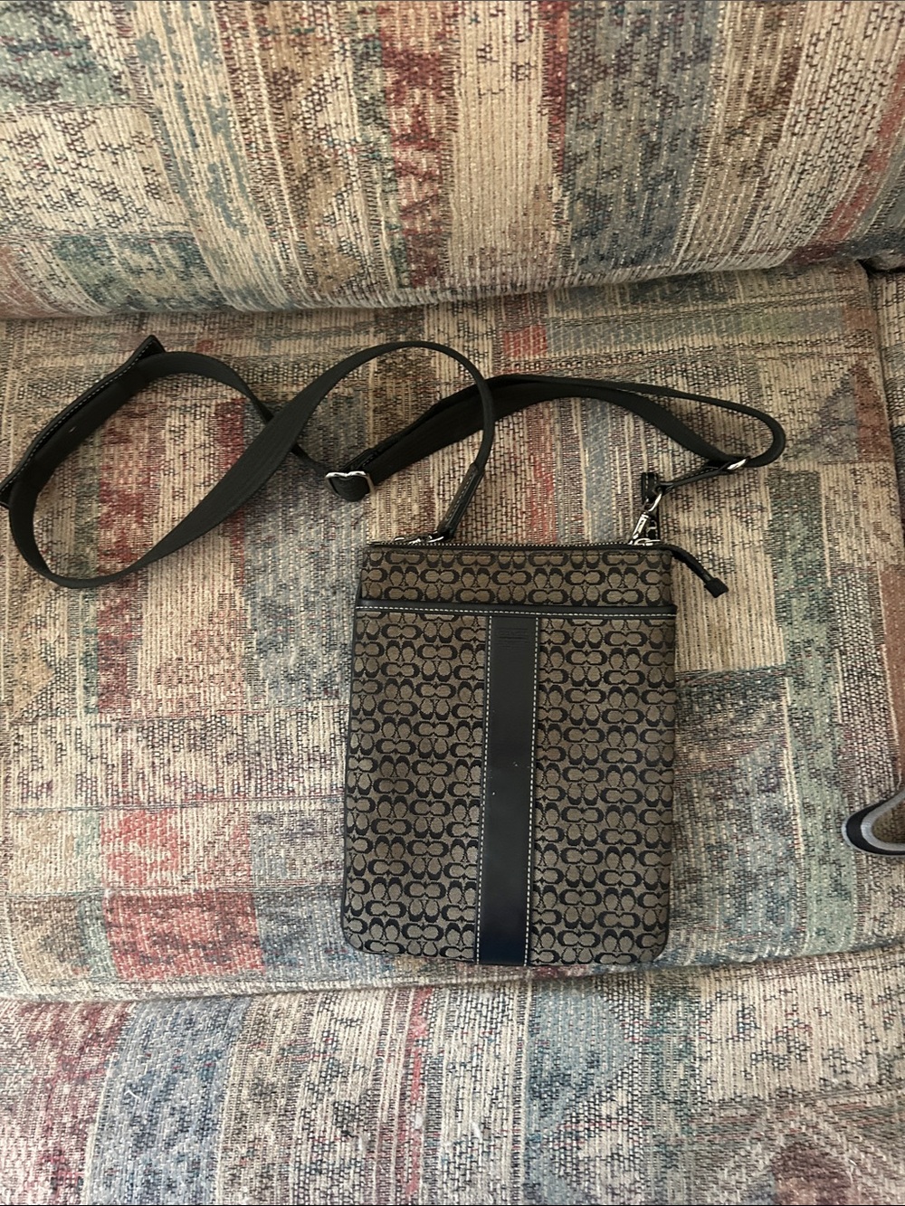 Coach Signature Canvas Crossbody with Black Leather Stripe